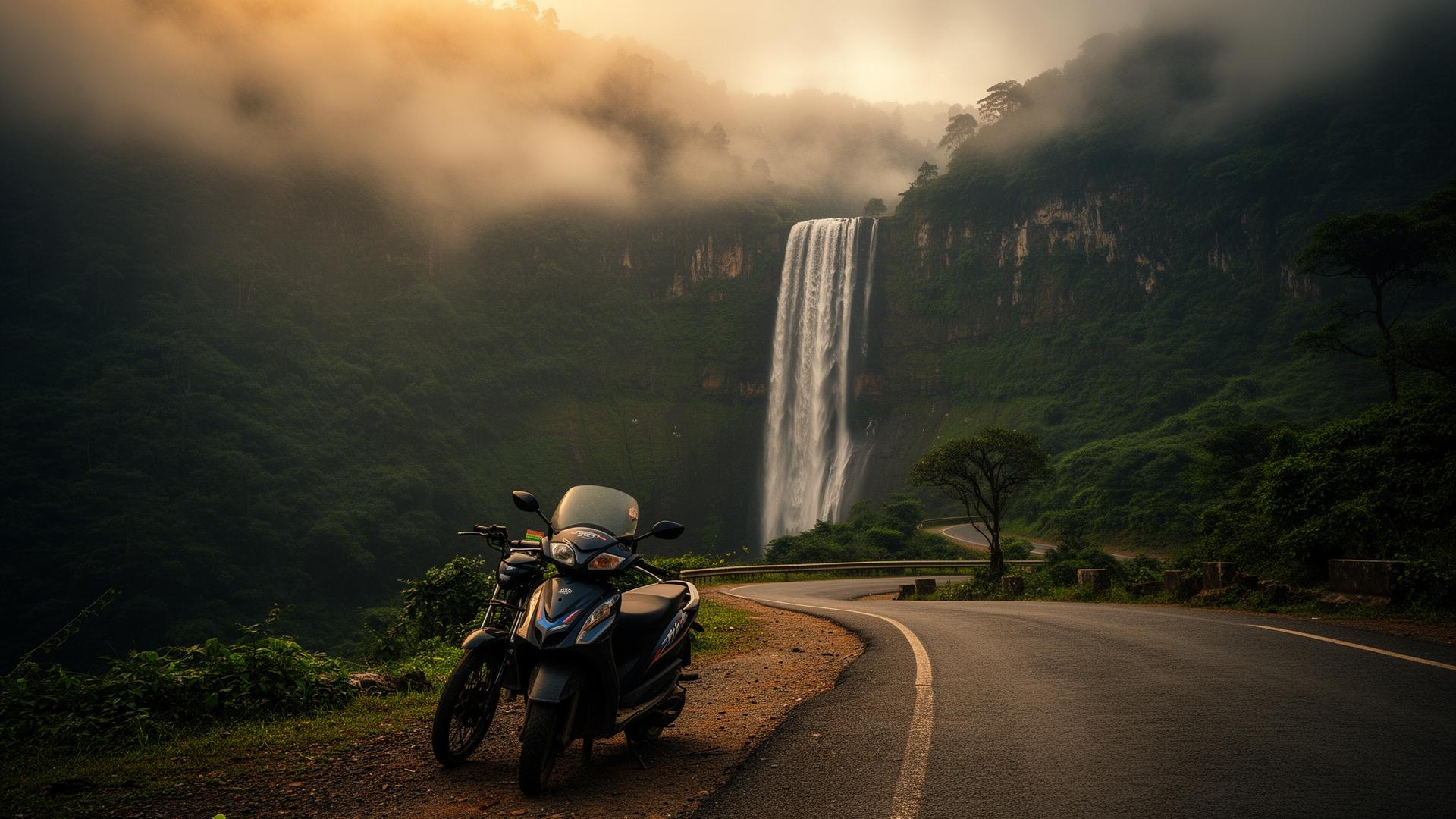 Scooter on a misty mountain road with a waterfall in Meghalaya